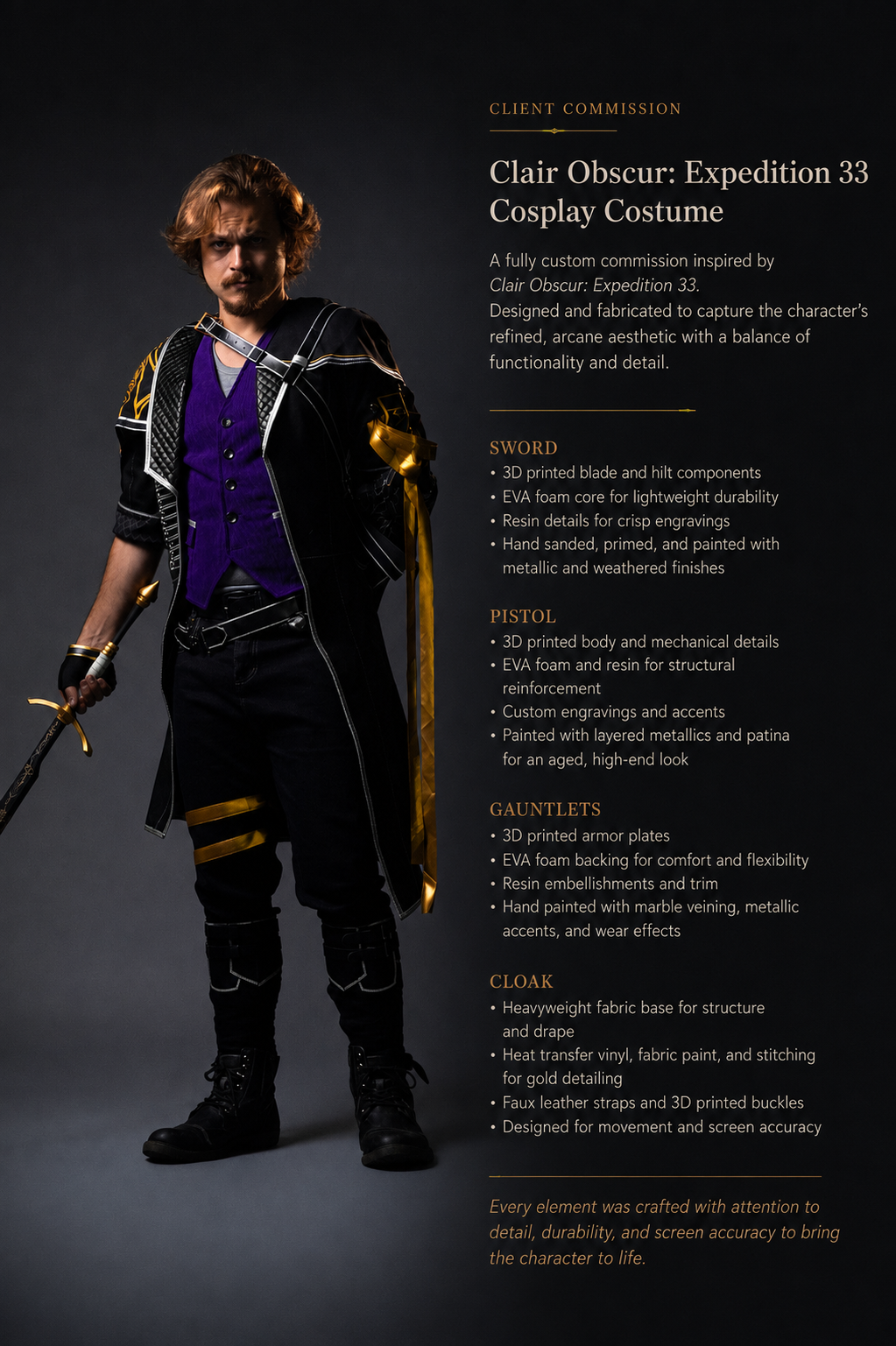 A cosplayer in black and gold armor holds a long ornate spear, posing dramatically against a dark background.