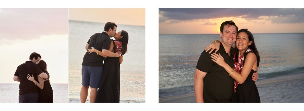 Couple shares romantic beach moments at sunset in a collage of three outdoor photography portraits.
