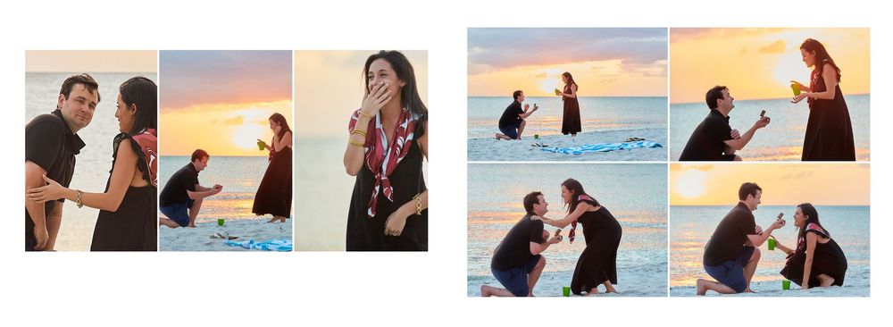 Couple's beach proposal at sunset with man on one knee presenting ring to surprised woman.