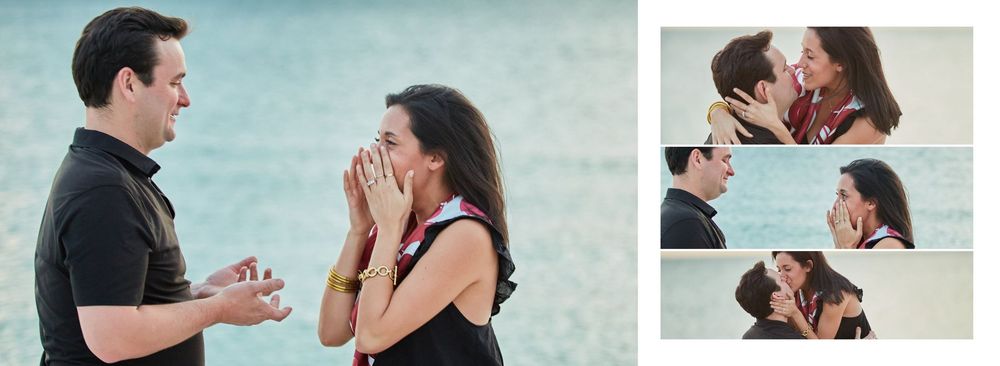 Emotional beach proposal moment with woman covering mouth in surprise as man proposes.