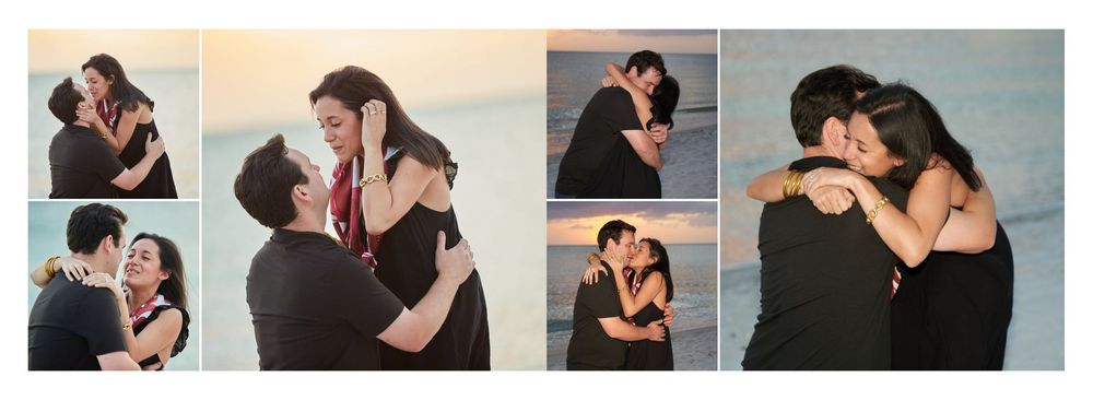 Loving couple embracing and kissing during romantic beach proposal at sunset.