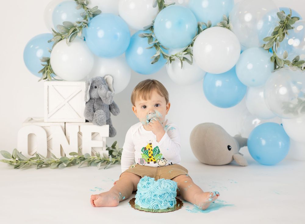 Baby boy sits with a blue rosette smash cake surrounded by blue and white balloons, elephant toys, and ONE letters.