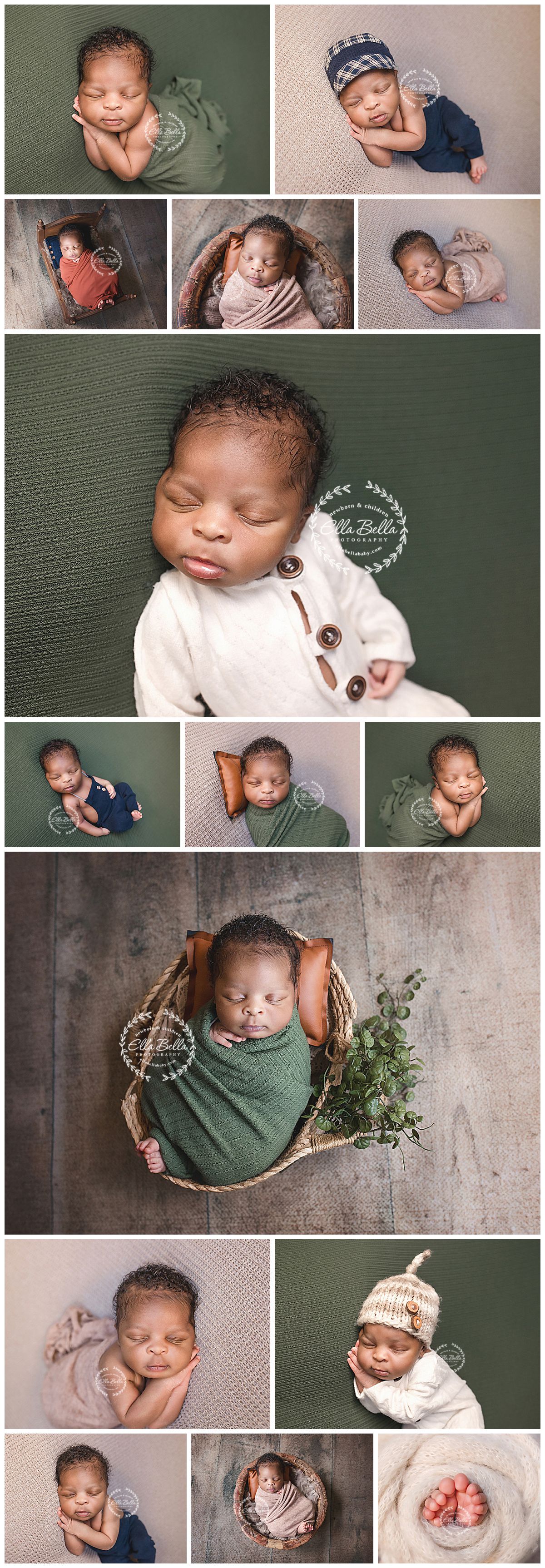 Newborn baby boy posed in multiple professional photography shots wearing white outfit, green wrap, and knit hat on green backgrounds.
