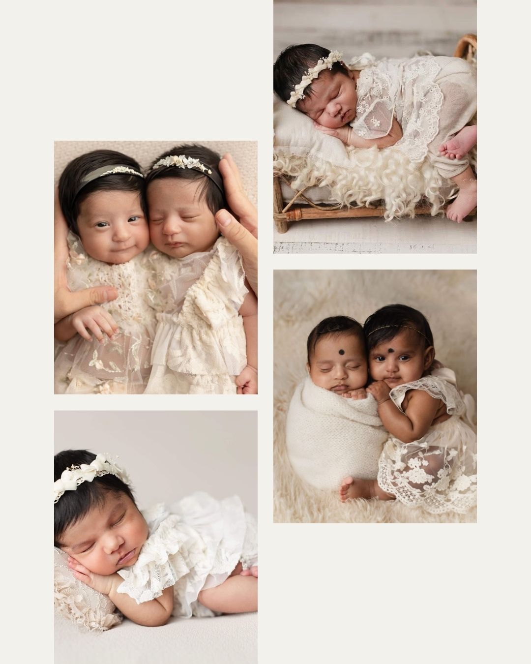 Two newborn twin babies in white lace outfits and headbands posed together in a soft, dreamy studio newborn photo collage.