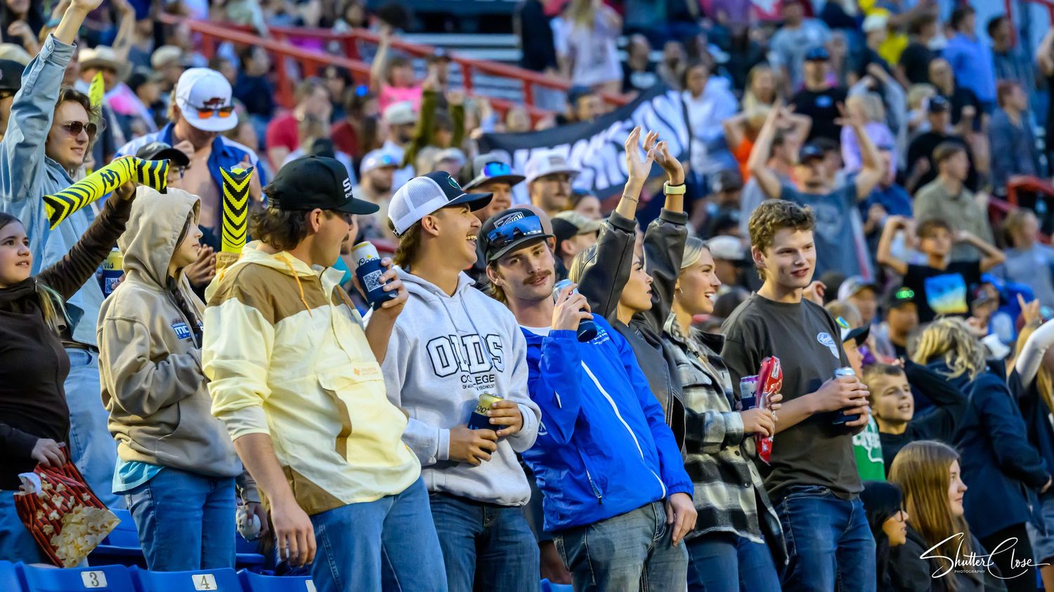 Excited sports fans cheering in stadium stands, wearing casual attire including hats and blue jackets.
