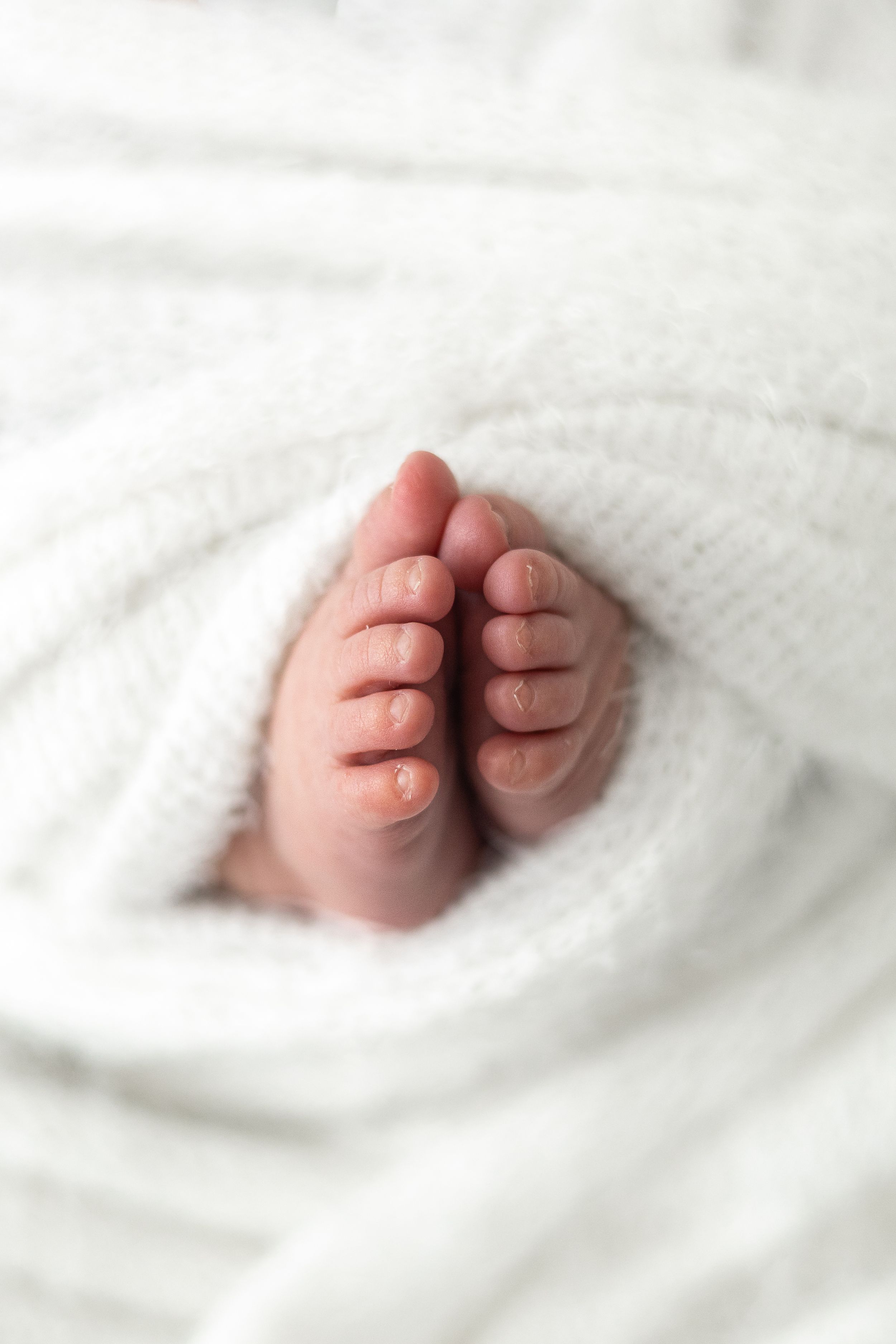 Tiny newborn baby feet peeking out from a soft white knit blanket, close-up macro photography. Newborn photographer Nottingham
