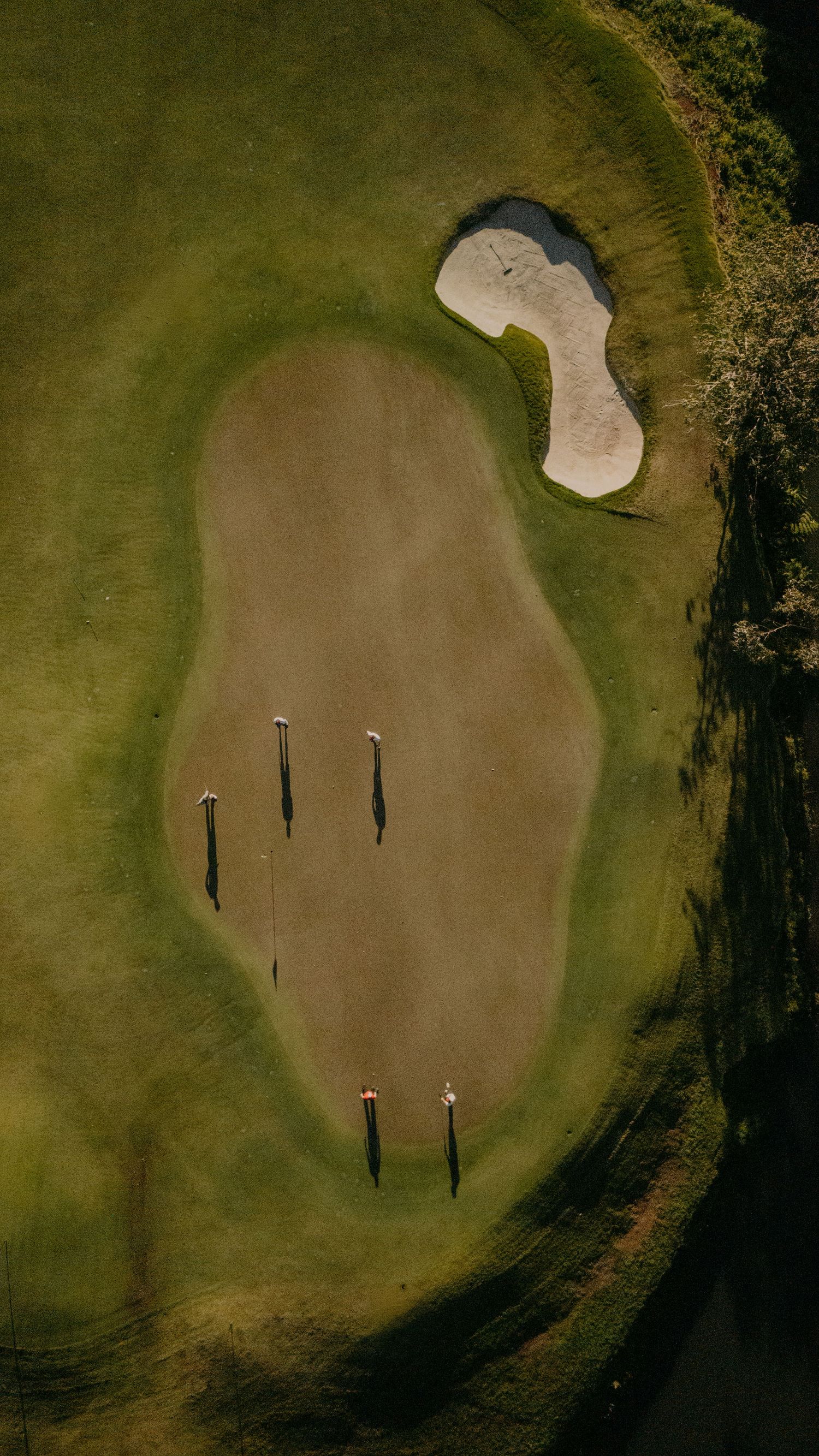 Aerial view of a golf course green with three flag pins and a sand bunker surrounded by lush grass.
