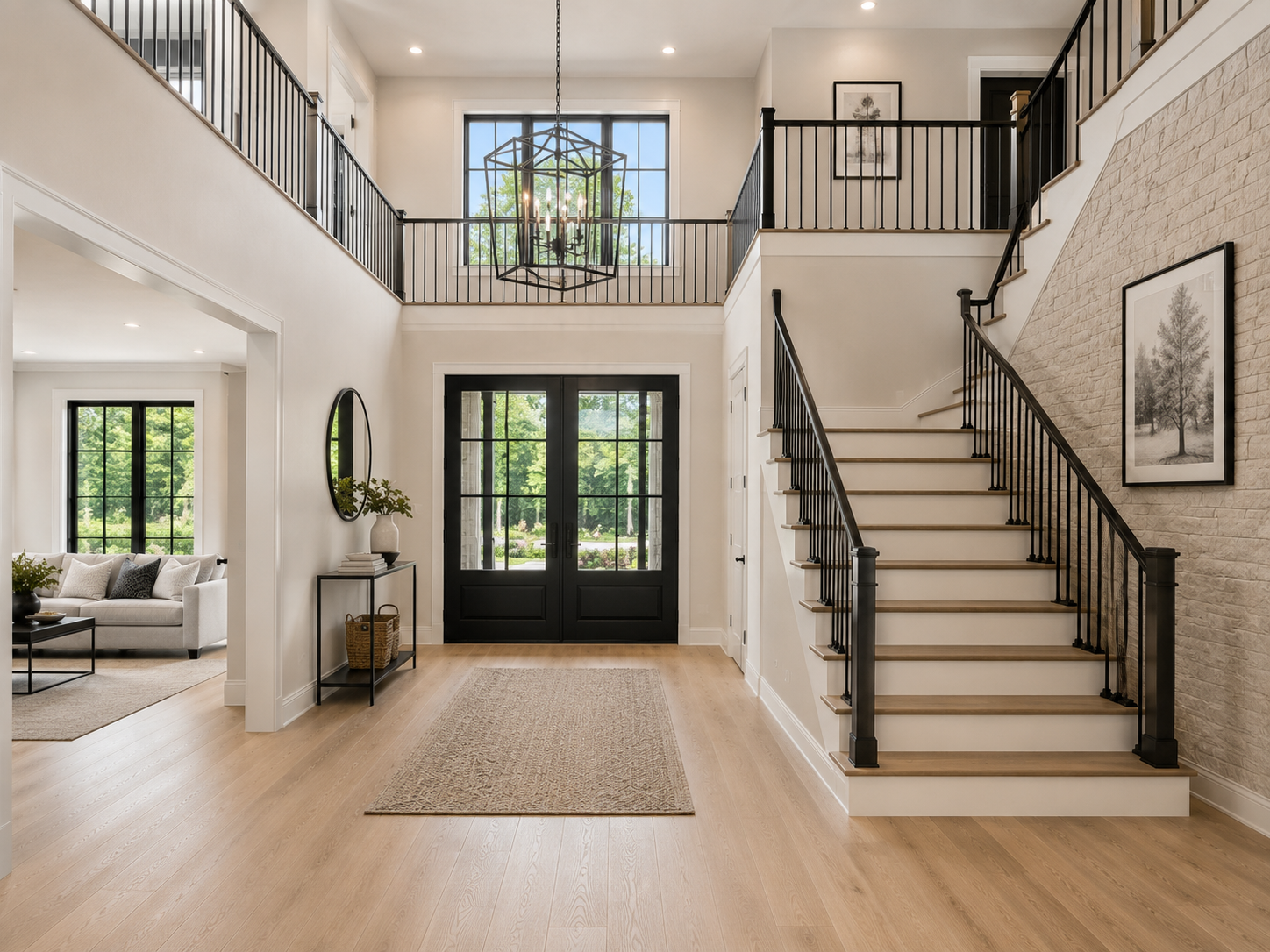 Elegant two-story foyer with black French doors, grand staircase, chandelier, and light hardwood floors in a modern home.