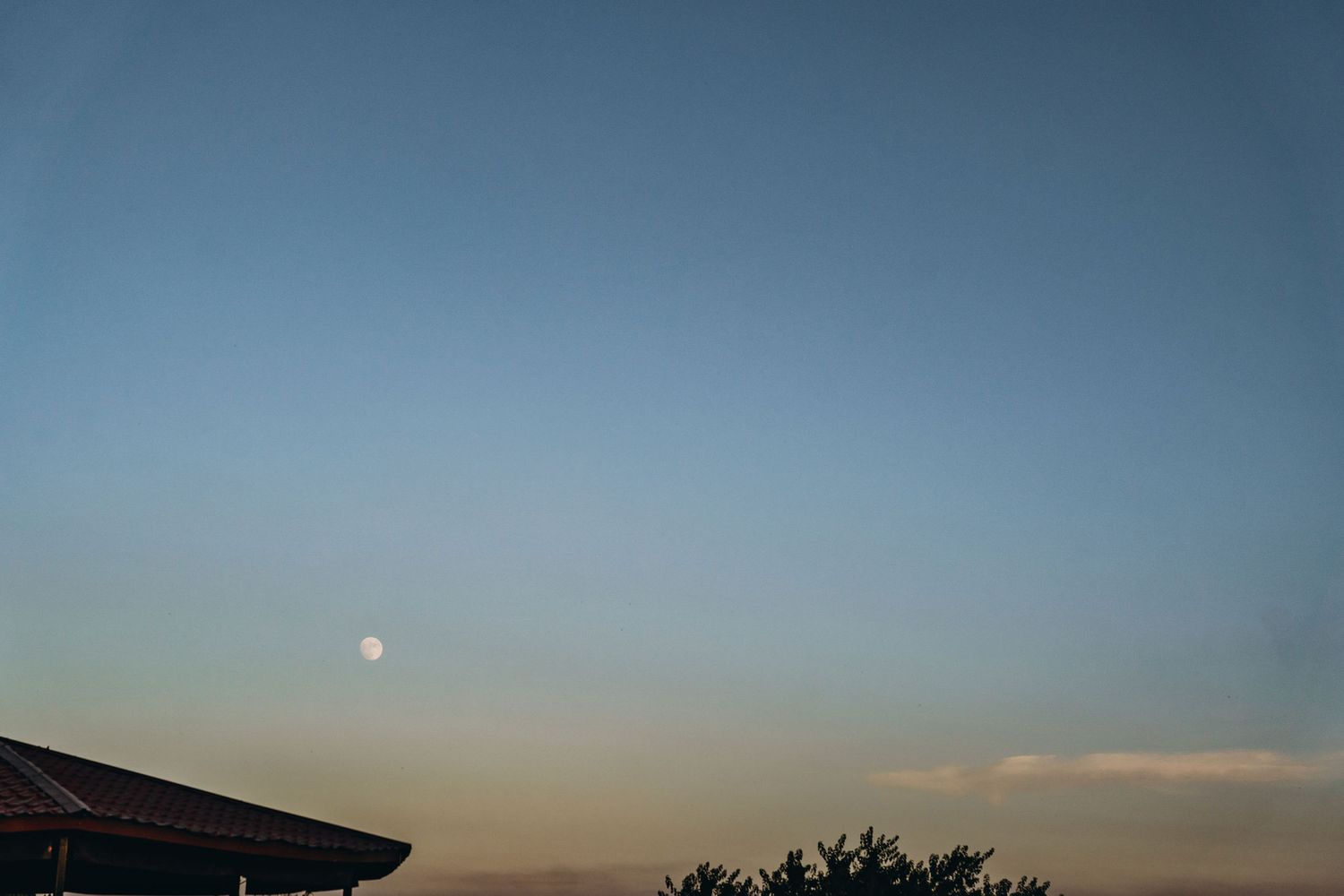 Twilight sky with a visible moon above silhouetted rooftop and trees at dusk.