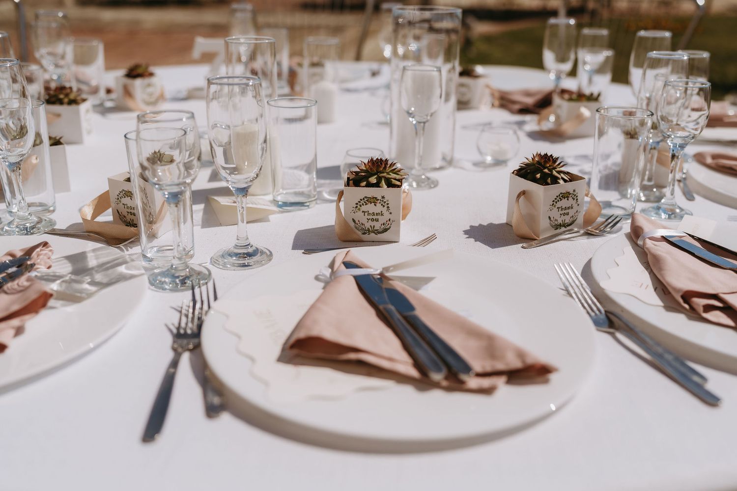 Elegant wedding reception table setting with blush napkins, crystal glasses, white plates, and rustic pinecone centerpieces.