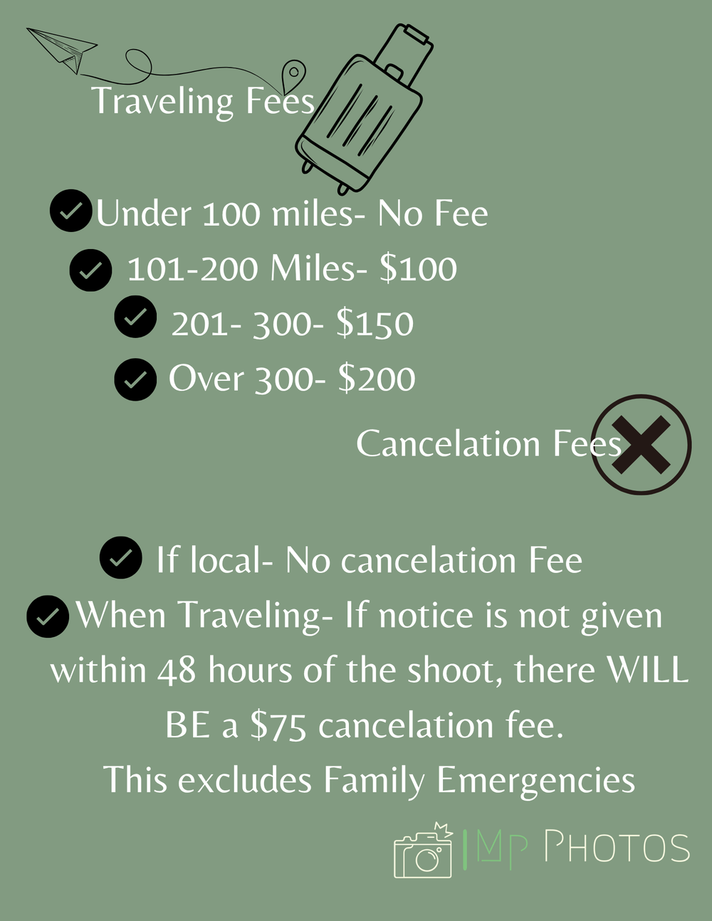 Photography traveling and cancellation fees chart showing distance-based pricing and 48-hour cancellation policy by MP Photos.