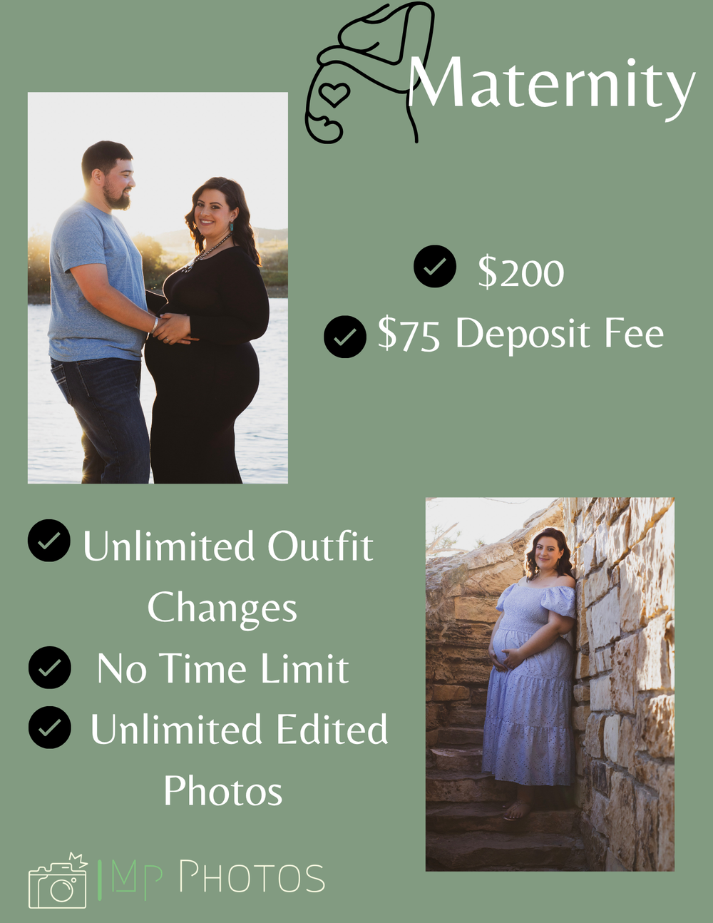Maternity photography package flyer showing pregnant couple outdoors and solo maternity pose, priced at $200 with $75 deposit.