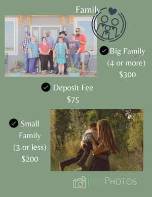 Green promotional flyer for JMP Photos family photography packages showing pricing for big and small family portrait sessions.