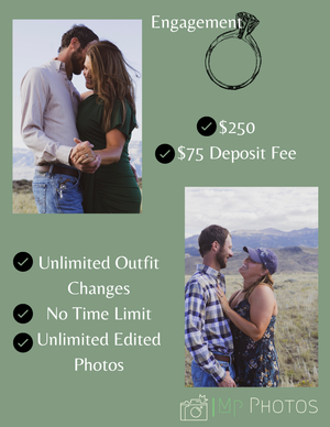 Engagement photography package flyer showing couples posing outdoors, priced at $250 with unlimited outfits, edits, and no time limit.