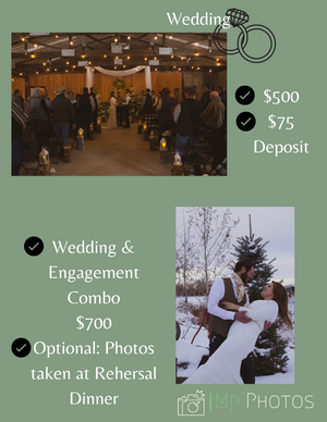 Wedding photography pricing flyer showing indoor ceremony venue and outdoor couple portrait with packages starting at $500.