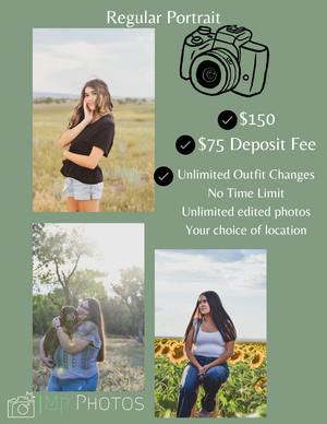 A photography pricing flyer showing portrait sessions at $150 with unlimited outfits, edits, and location choice.