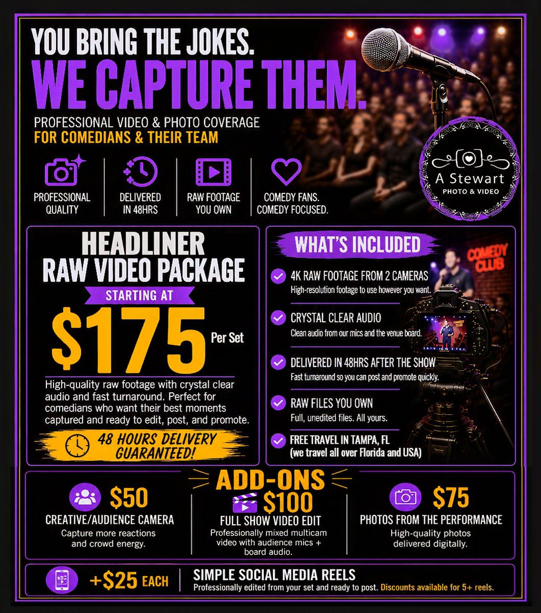 Professional video and photo coverage for comedians and comedy shows featuring raw video packages starting at $175 with 48-hour delivery.