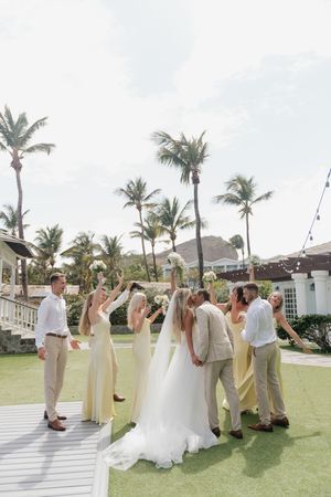 Wedding party celebrating outdoors on tropical lawn with palm trees, bridesmaids in yellow dresses and groomsmen in tan suits.