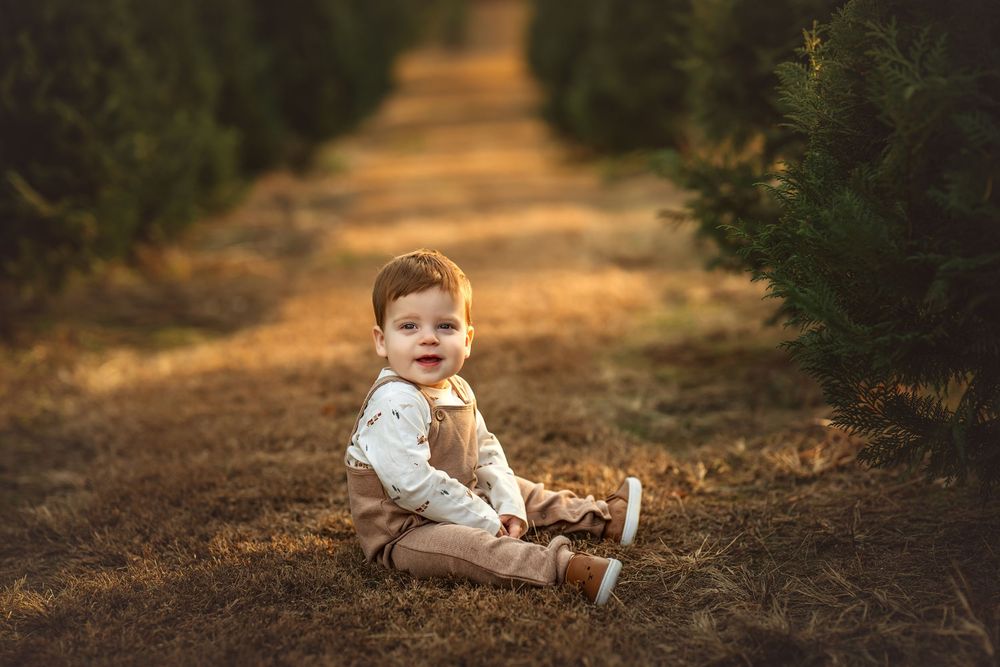 A happy toddler sits on a dirt path between rows of evergreen trees, wearing a white shirt and tan overalls.