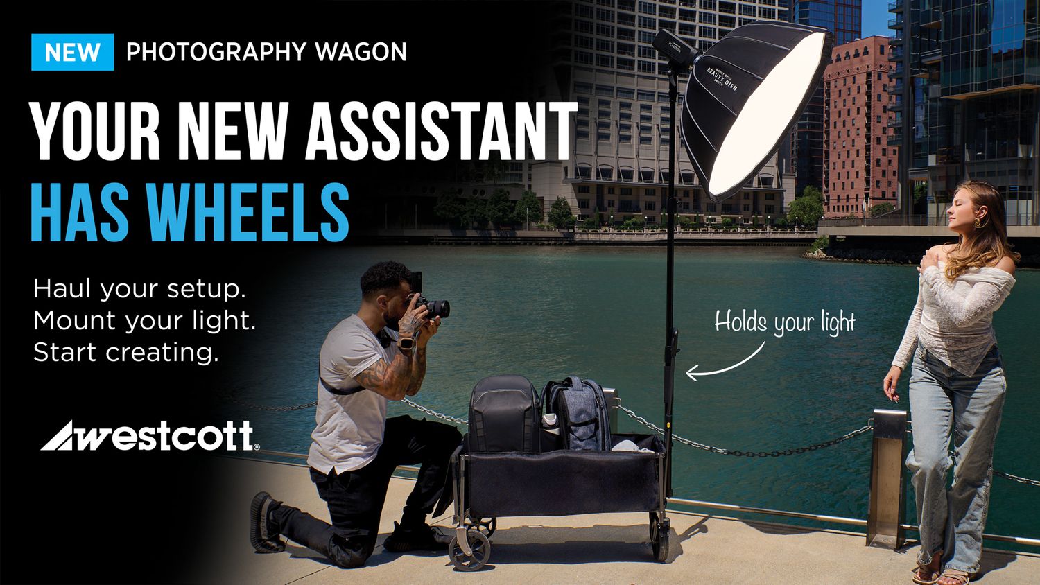 Westcott Photography Wagon set up outdoors with octabox light and gear bags