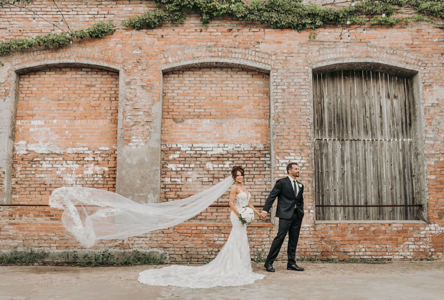 Romantic newlywed portrait at the historic Cotton Mill