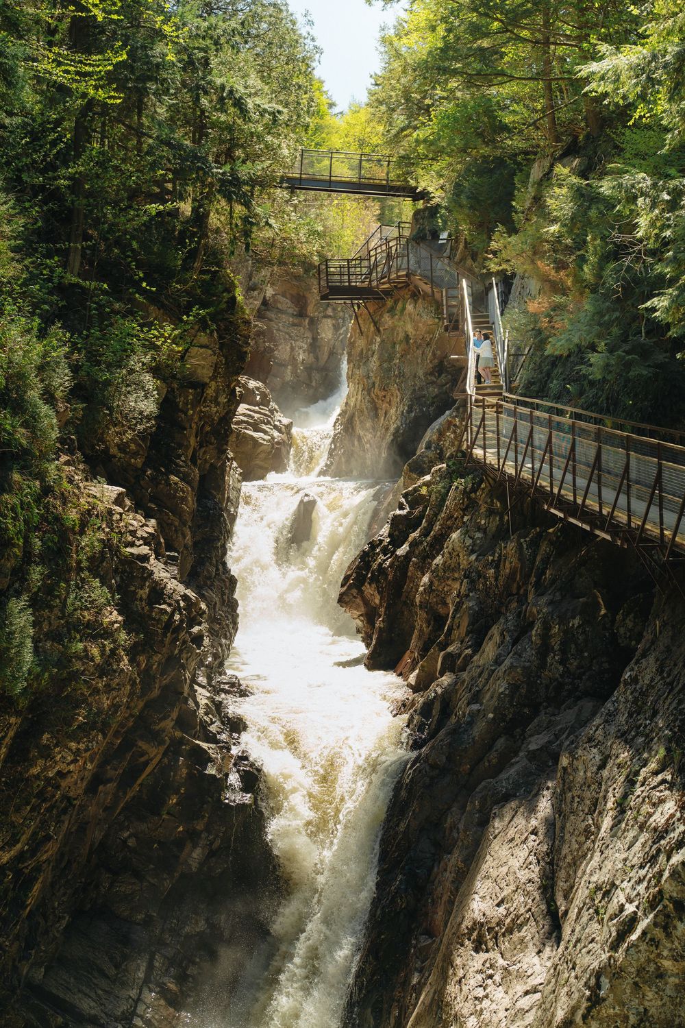 A rushing waterfall cascades through a rocky gorge with metal walkways and bridges surrounded by lush green trees.