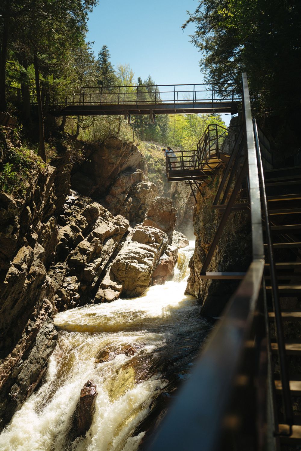 A rushing river flows through a rocky gorge with metal bridges and staircases surrounded by lush green trees.