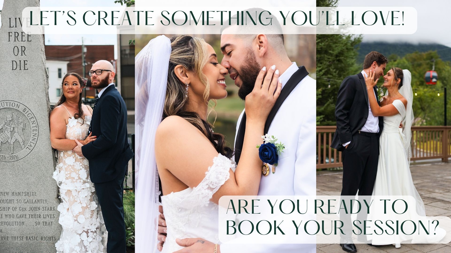 Wedding photography collage featuring couples in romantic poses, with text promoting booking sessions for memorable bridal portraits.