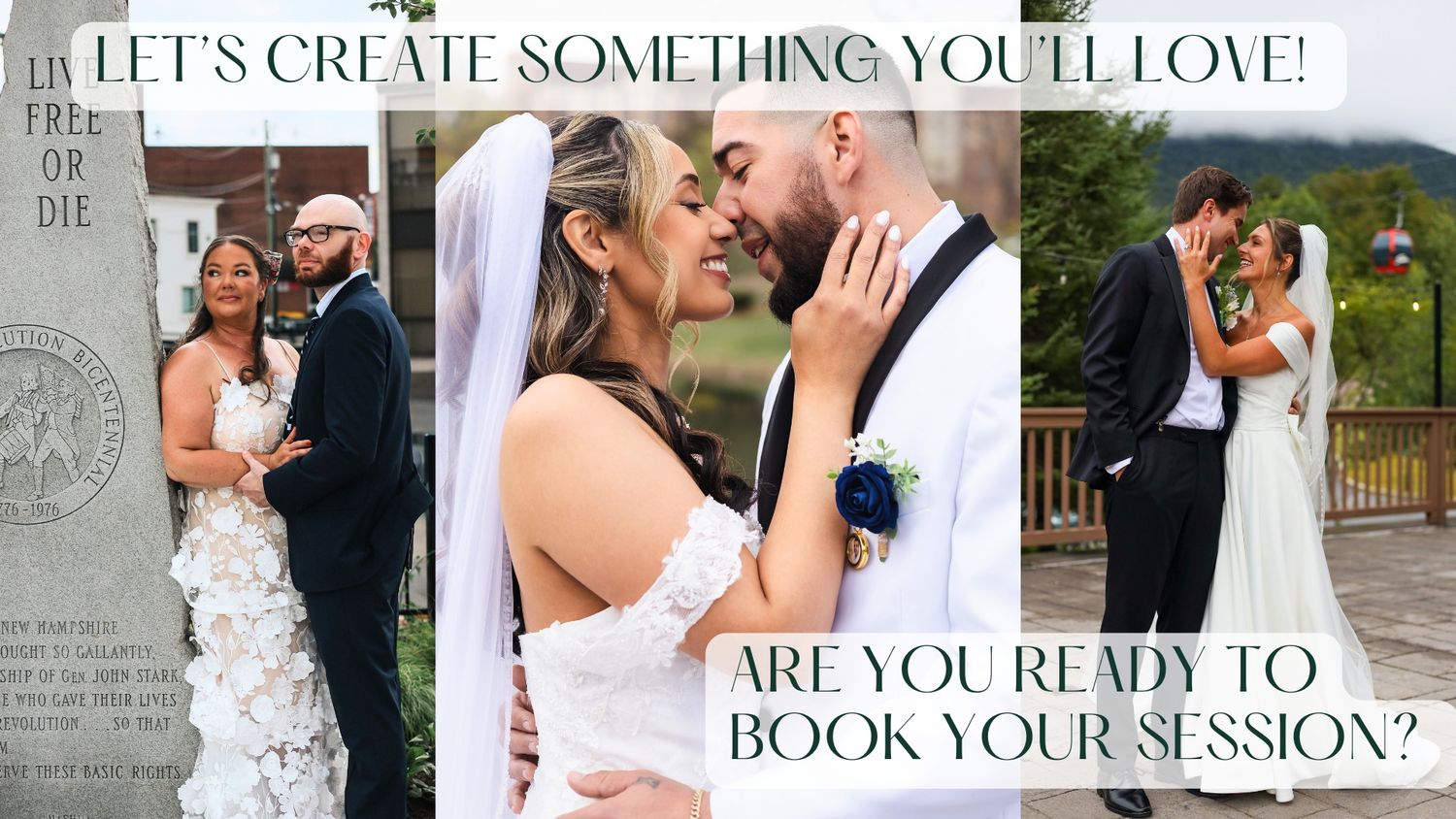 Wedding photography collage featuring couples in romantic poses, with text promoting booking sessions for memorable bridal portraits.