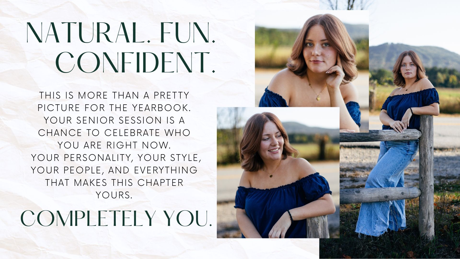 Senior portrait photography advertisement featuring young woman in blue off-shoulder top.