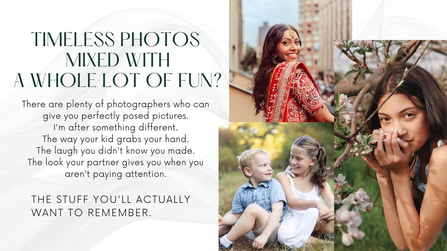 Joyful family photography collage featuring candid moments of children laughing and couples embracing outdoors.