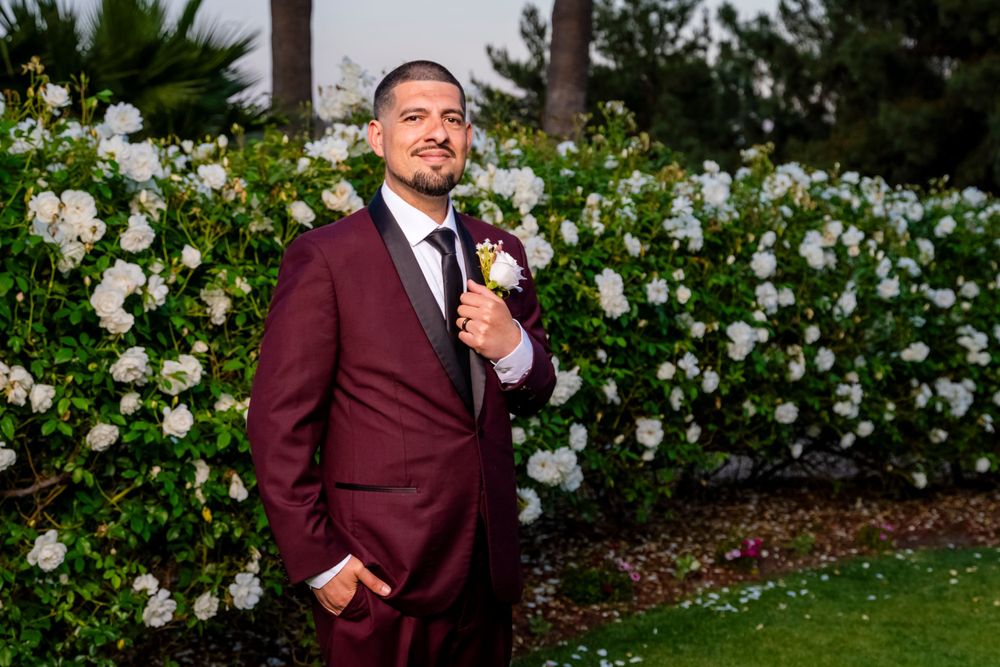 Groom in burgundy suit poses confidently against backdrop of white flowering bushes. los angeles wedding.