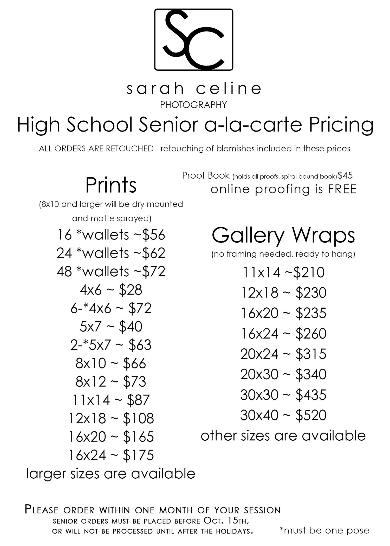 A photography price list showing various print sizes and gallery wrap options with Sarah Celine Photography branding at the top.