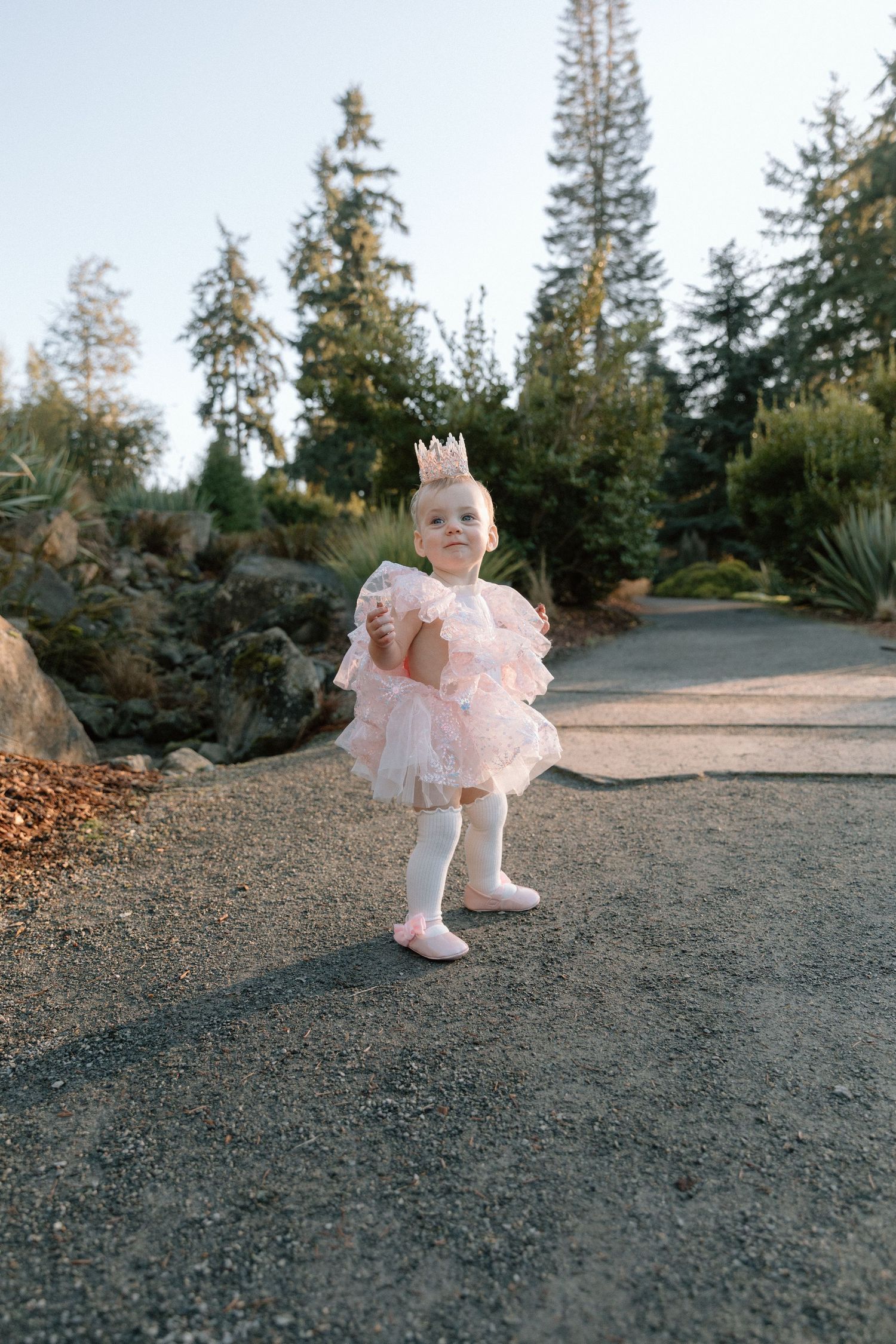 Adorable toddler girl in pink tutu dress and crown walking on garden path surrounded by trees and rocks.