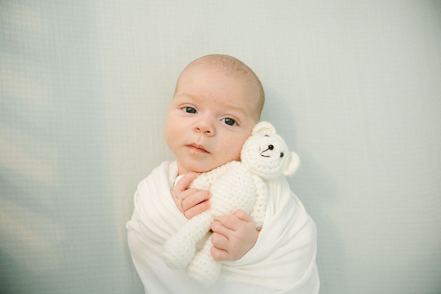 Newborn baby swaddled in white wrap holding a knit teddy bear toy against a soft blue background.