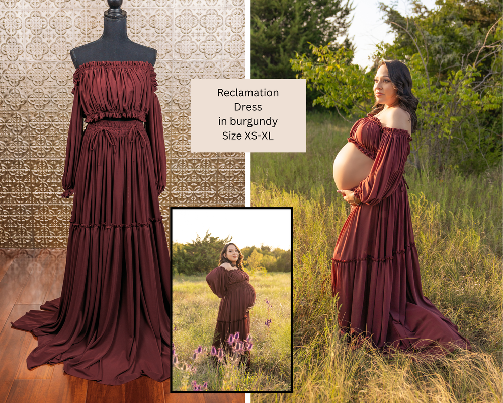 Reclamation burgundy dress maternity mama open field in midlothian Texas mockingbird nature park golden hour client closet