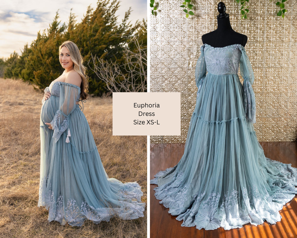 Blue Reclamation dress with lace. Pregnant woman in field with sunset in midlothian Texas mockingbird nature park