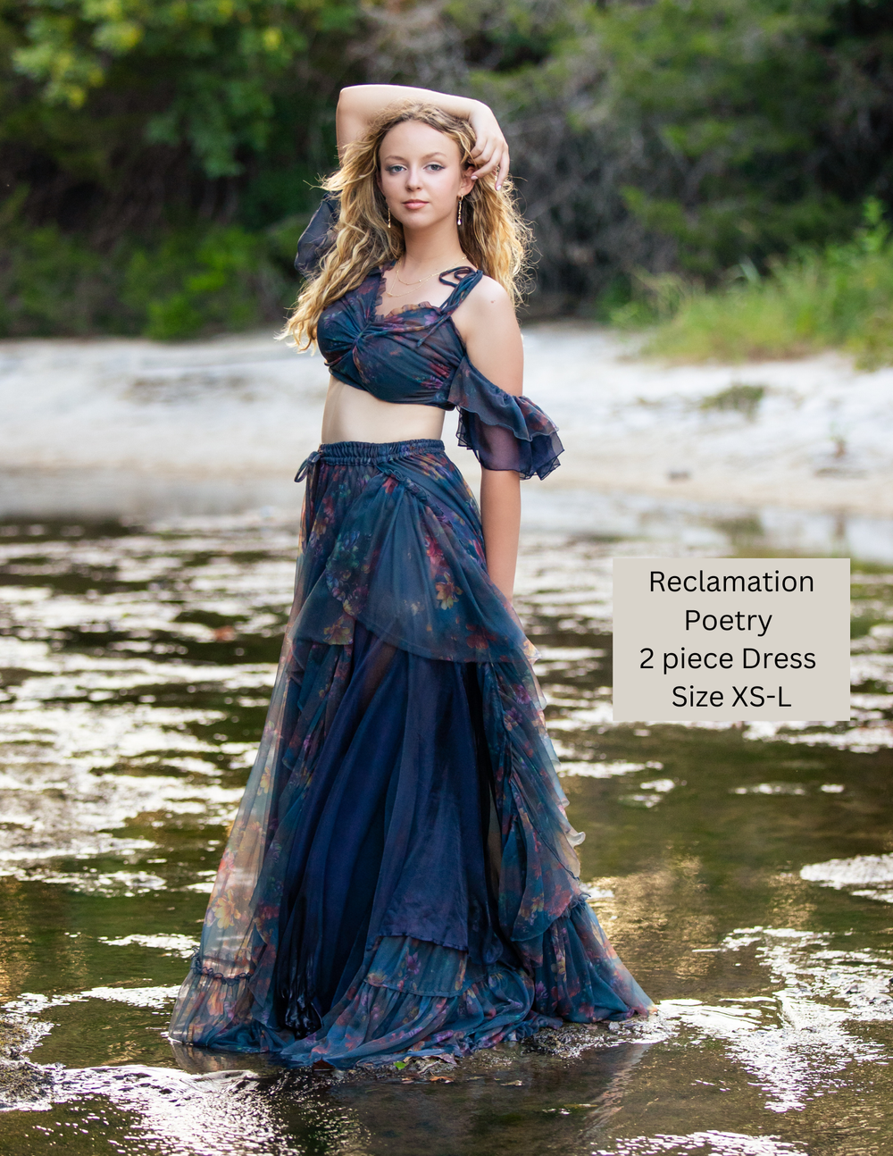 Blonde haired girl in water wearing a dress by reclamation poetry 2 piece gown