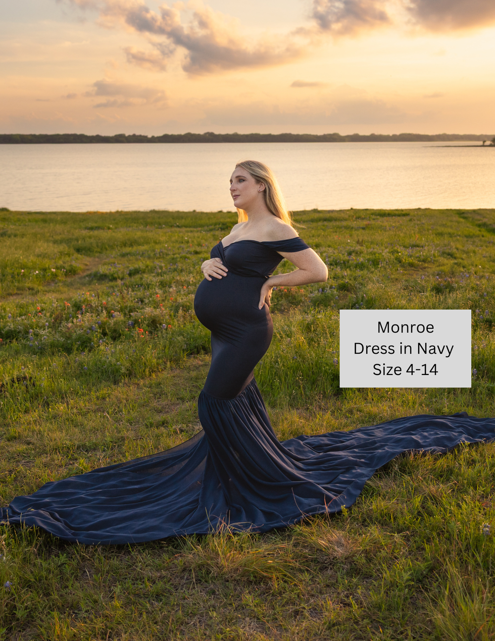 Blonde pregnant woman in navy blue maternity dress by chicaboo. Ennis Texas Bardwell Lake