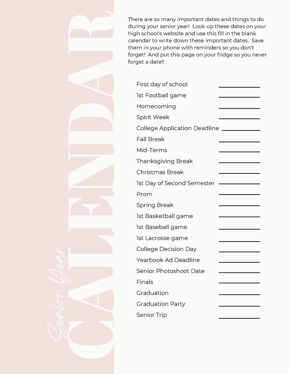 Calendar template page for tracking important senior year dates and deadlines.