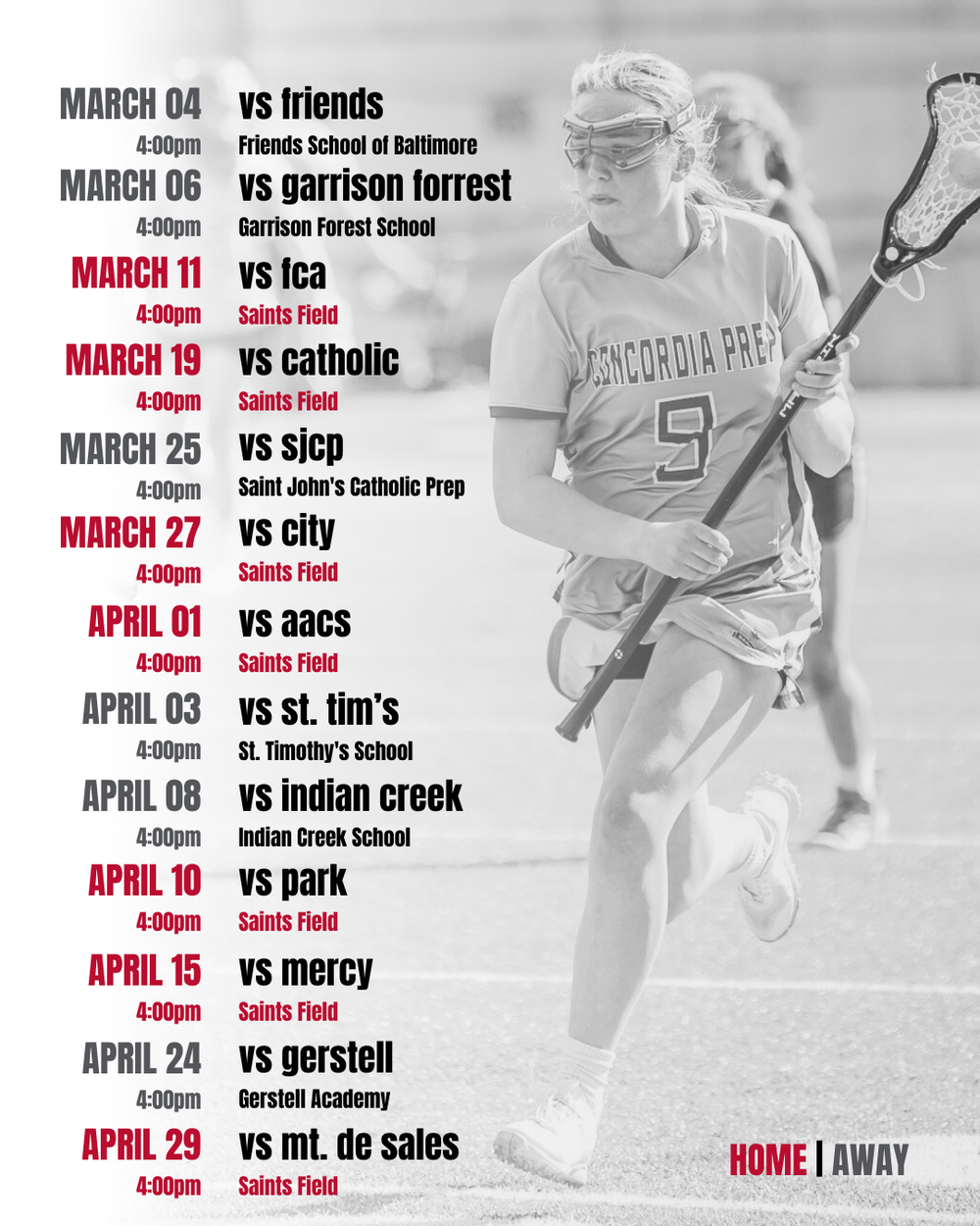 Baseball schedule design with faded background showing game dates and opponents in red and black text layout.