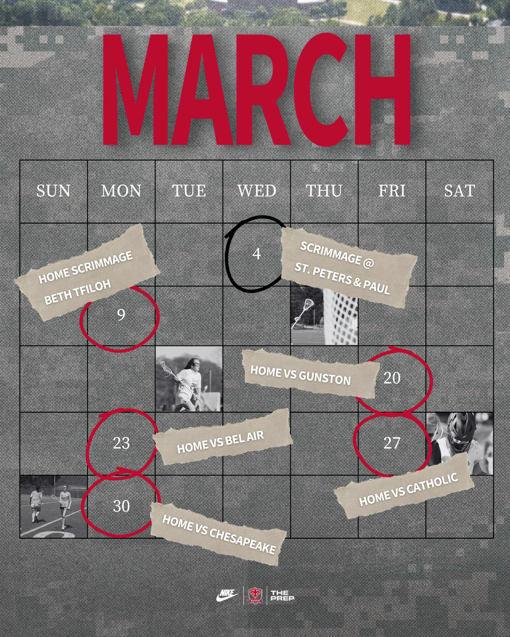 A March calendar grid with red text and masking tape style labels marking various dates and events.