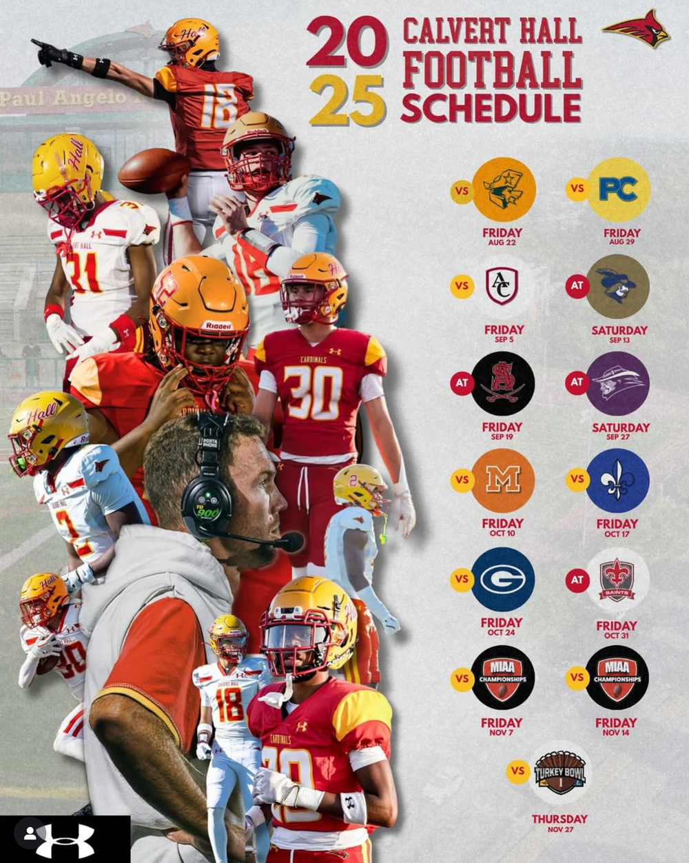 High school football players in red and orange uniforms collide during game action in a sports photo collage.