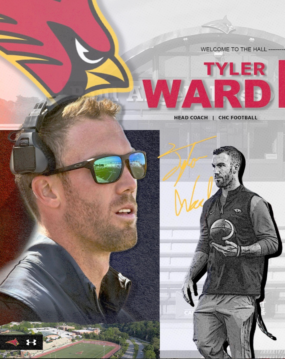 A series of profile photos showing a coach wearing sunglasses and athletic gear against various backgrounds.