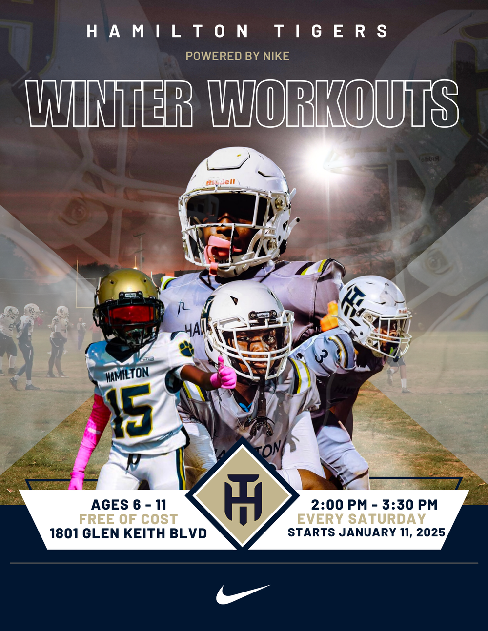Hamilton Tigers youth football winter workout program advertisement featuring players in uniforms.