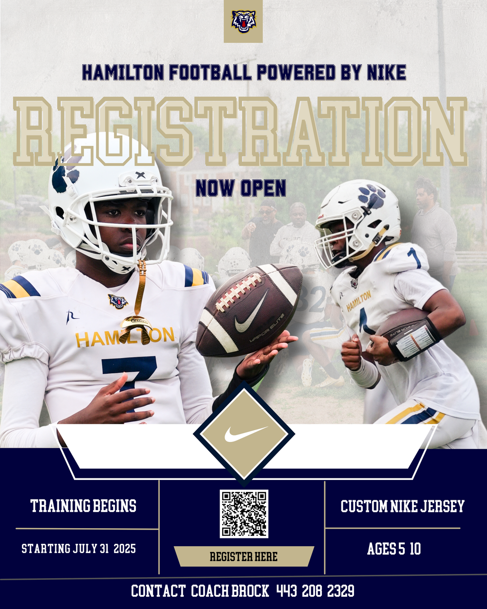 Hamilton Football registration promotional flyer featuring players in Nike uniforms with details about training and custom jerseys.