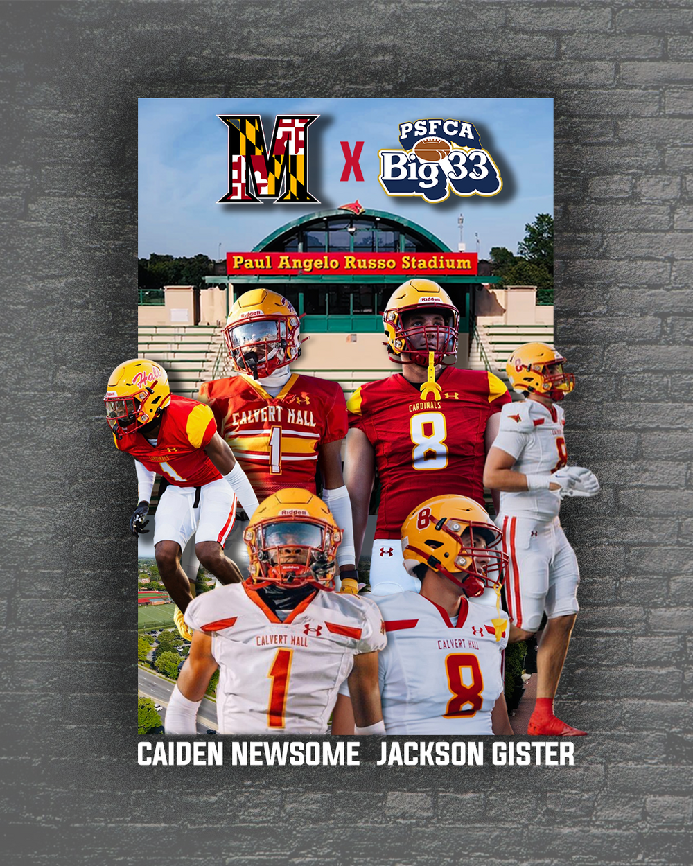 Football players from different teams featured on a sports promotional poster with stadium background.