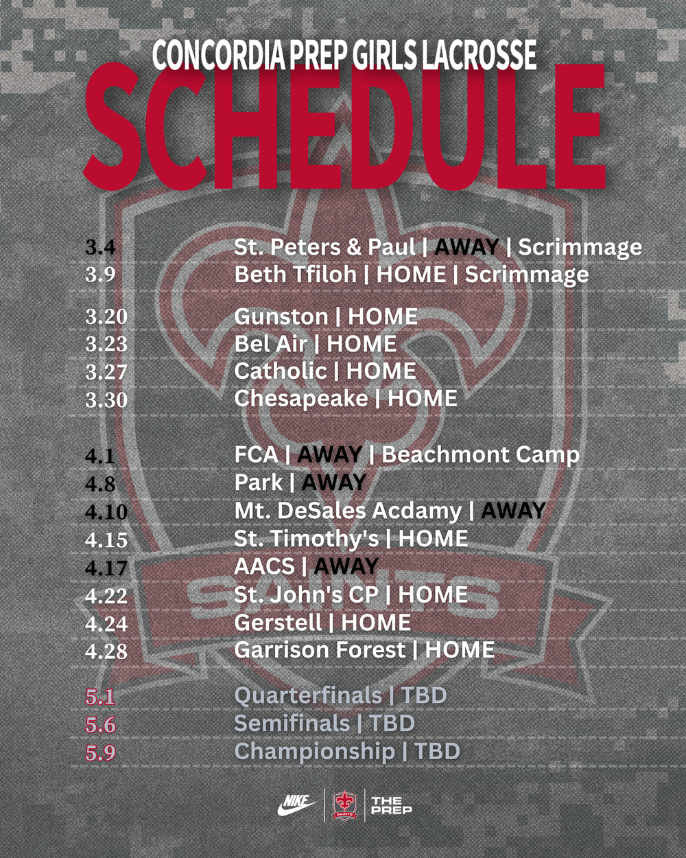 Girls lacrosse schedule for Concordia Prep showing home and away games from March through May against various schools.