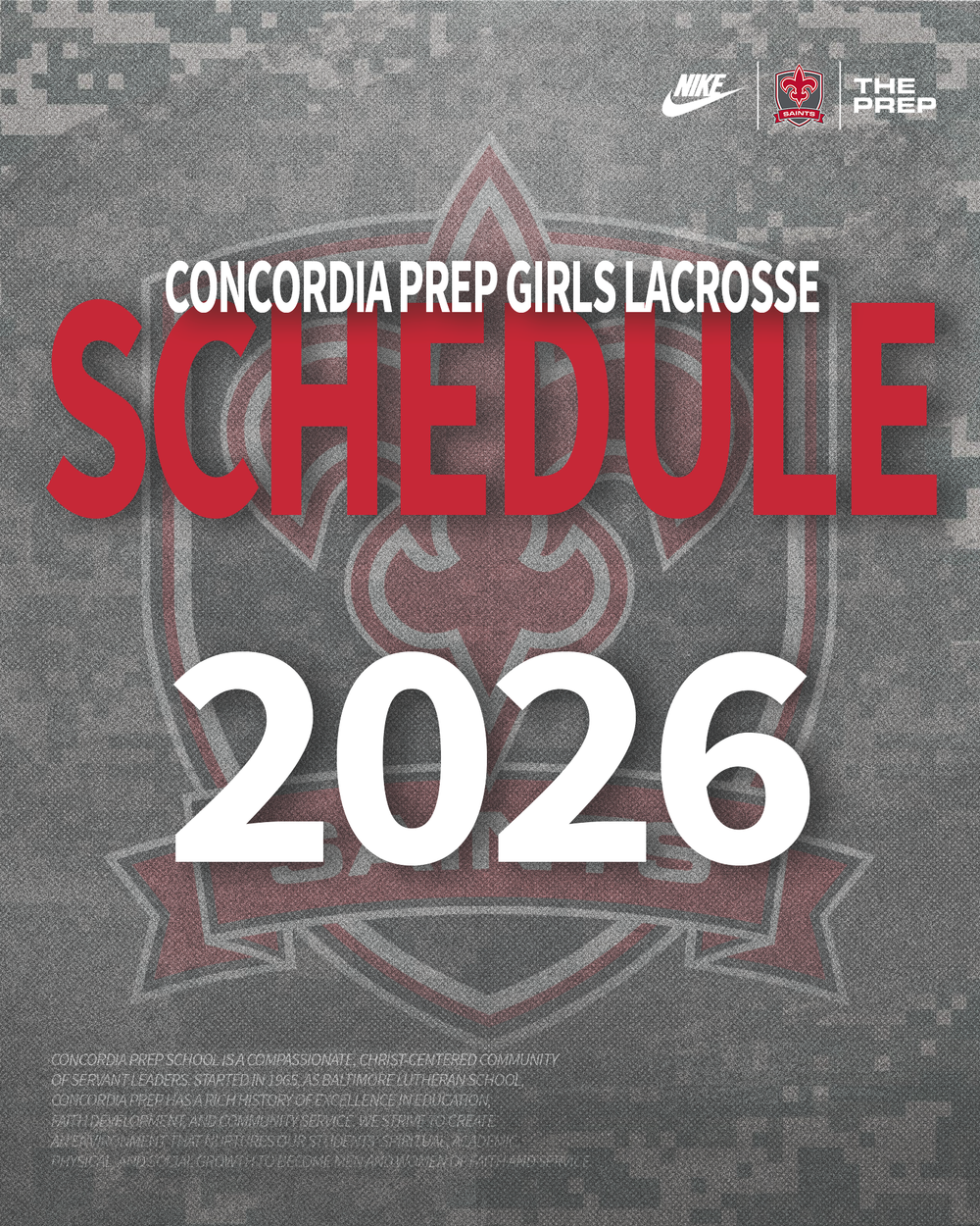 A sports schedule banner for Concordia Prep Girls Lacrosse 2023 season featuring red and grey team branding.