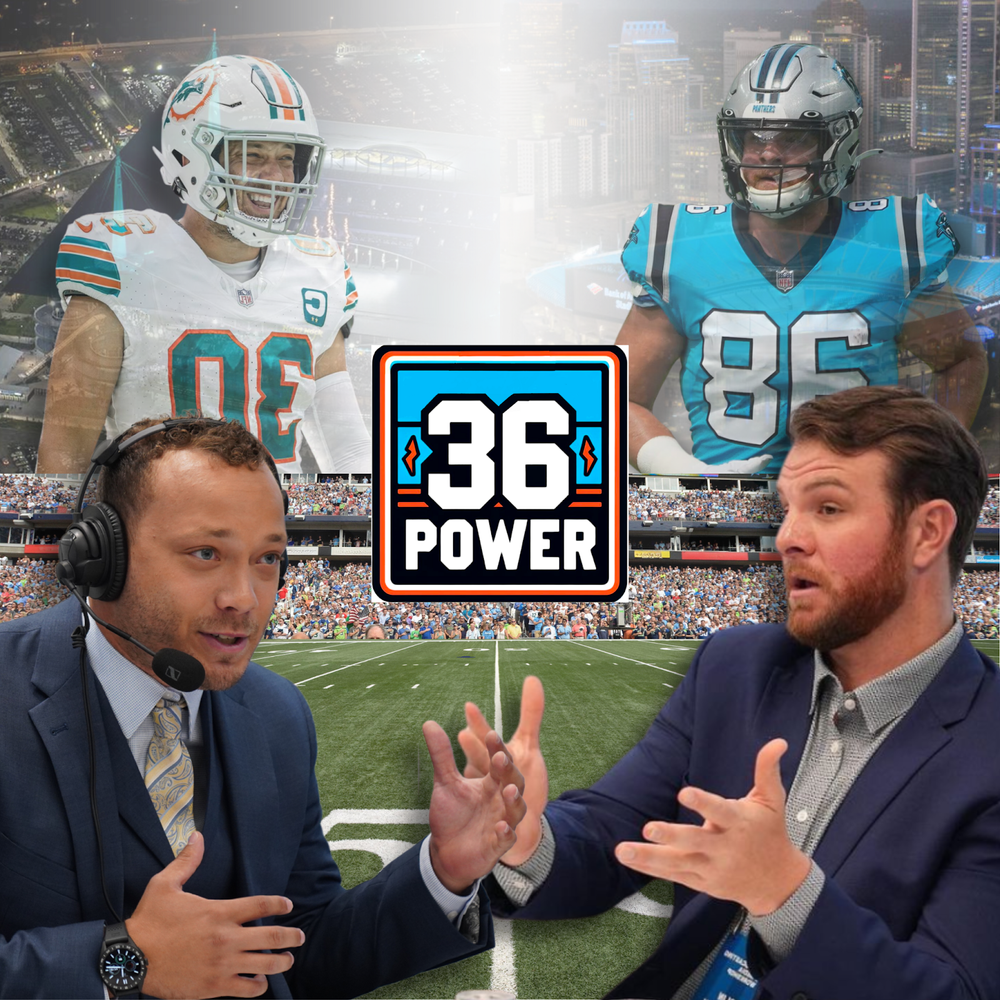 Sports podcast artwork featuring '36 Power' logo and NFL players in Carolina Panthers uniforms.